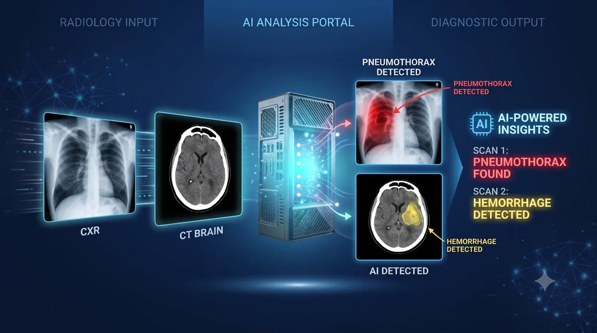 Studies flowing from CXR and CT brain input through the AI analysis portal to detected findings