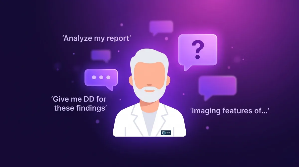 A radiologist surrounded by questions such as analyse my report and imaging features of