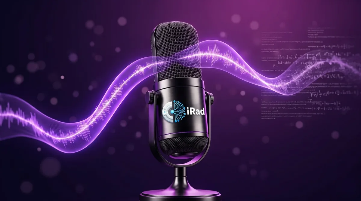 A studio microphone with the iRad mark and a violet waveform streaming past it