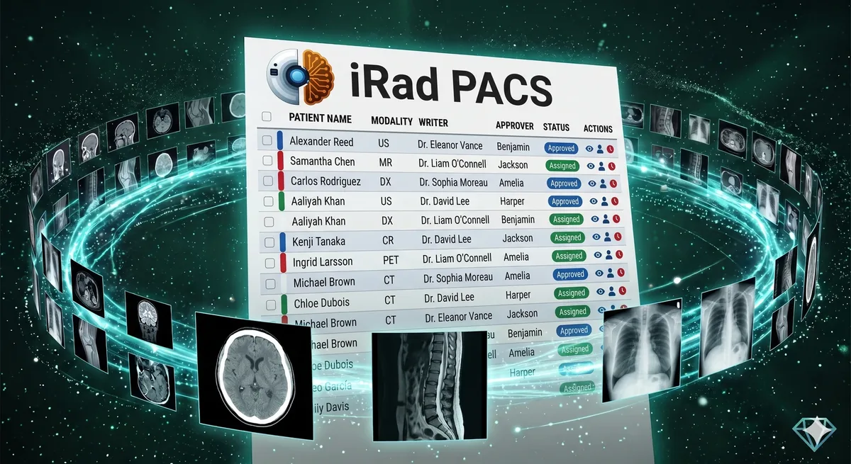 The iRad PACS worklist floating above a ring of CT, MRI and X-ray studies
