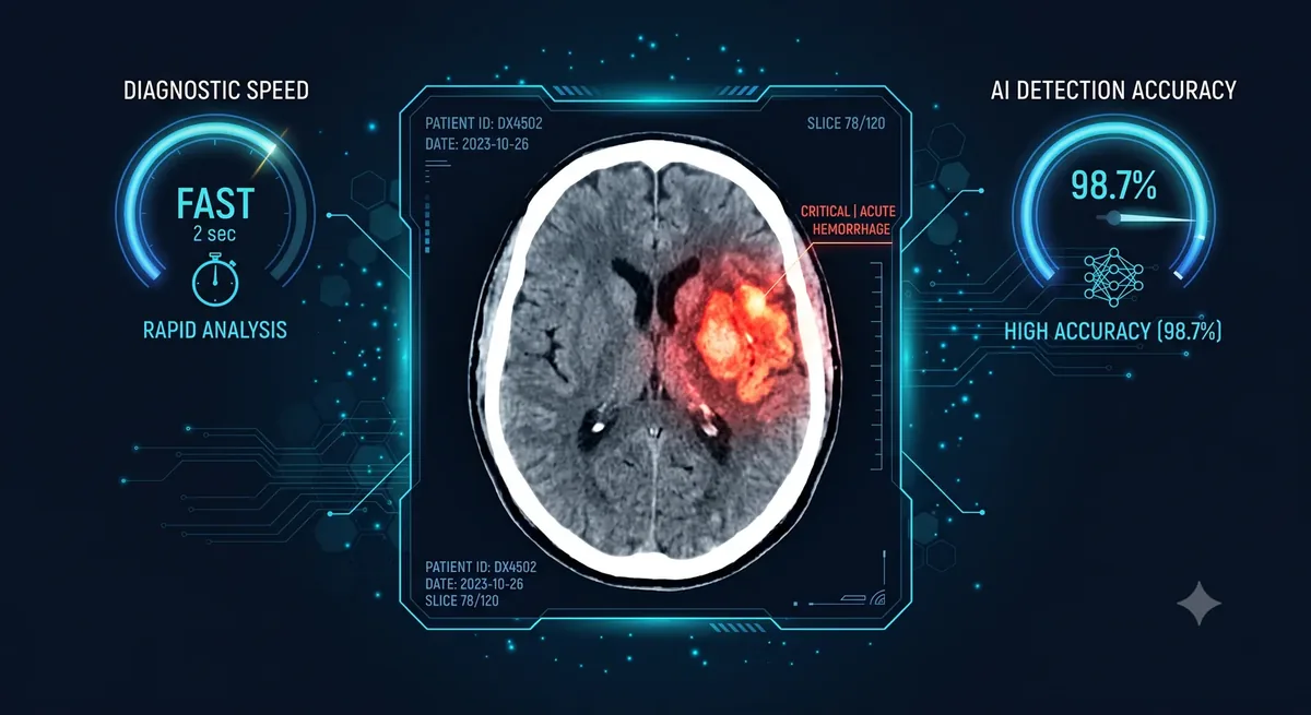 A head CT with an intracranial bleed highlighted, flanked by speed and accuracy readouts