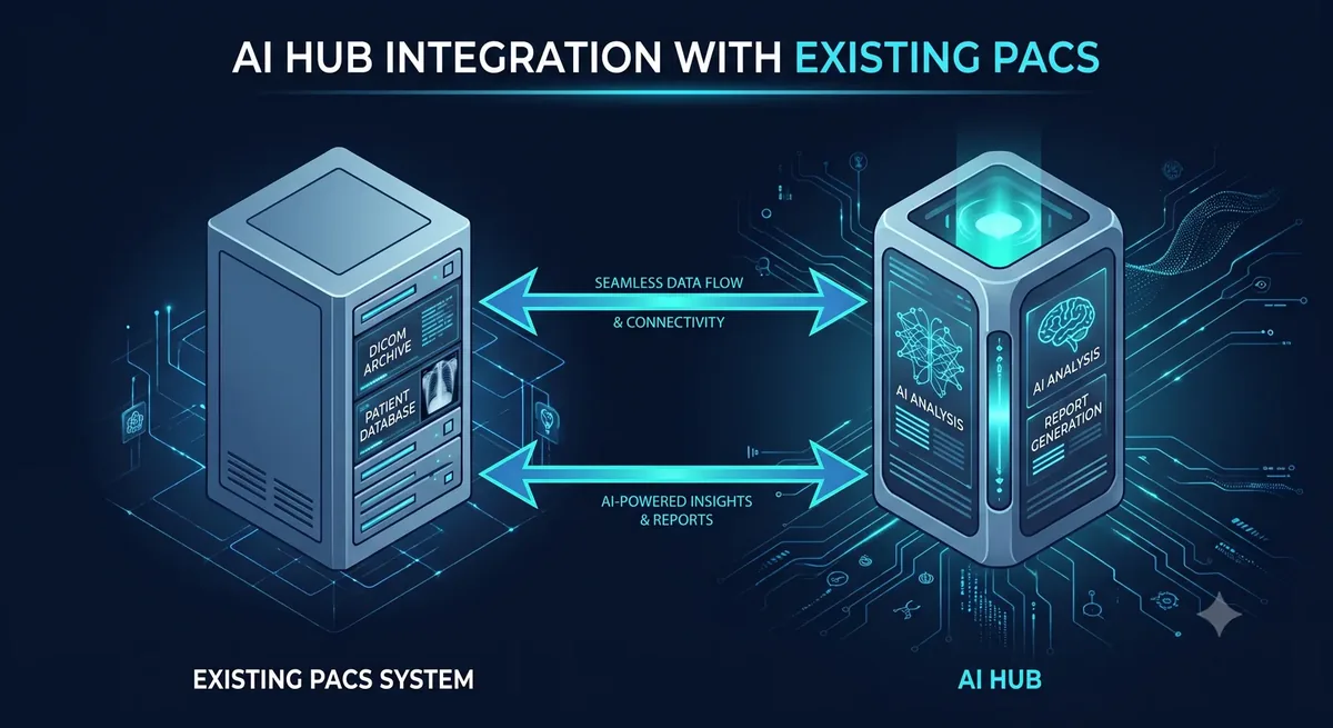 Diagram of the existing PACS system exchanging studies and AI results with the iRad AI hub