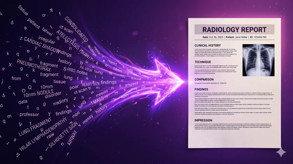 Spoken radiology terms streaming into a finished, structured radiology report